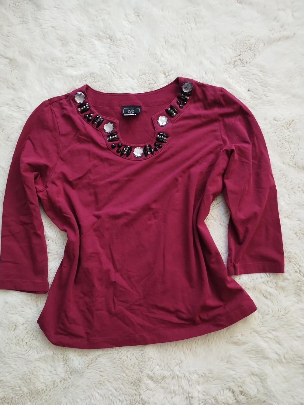 Embellished Jewel-Neck 3/4 Sleeve Top - Berry